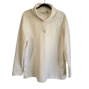 LL Bean Womens Quilted Funnel Neck Pullover Cream Side Snap Sweatshirt 513186 L